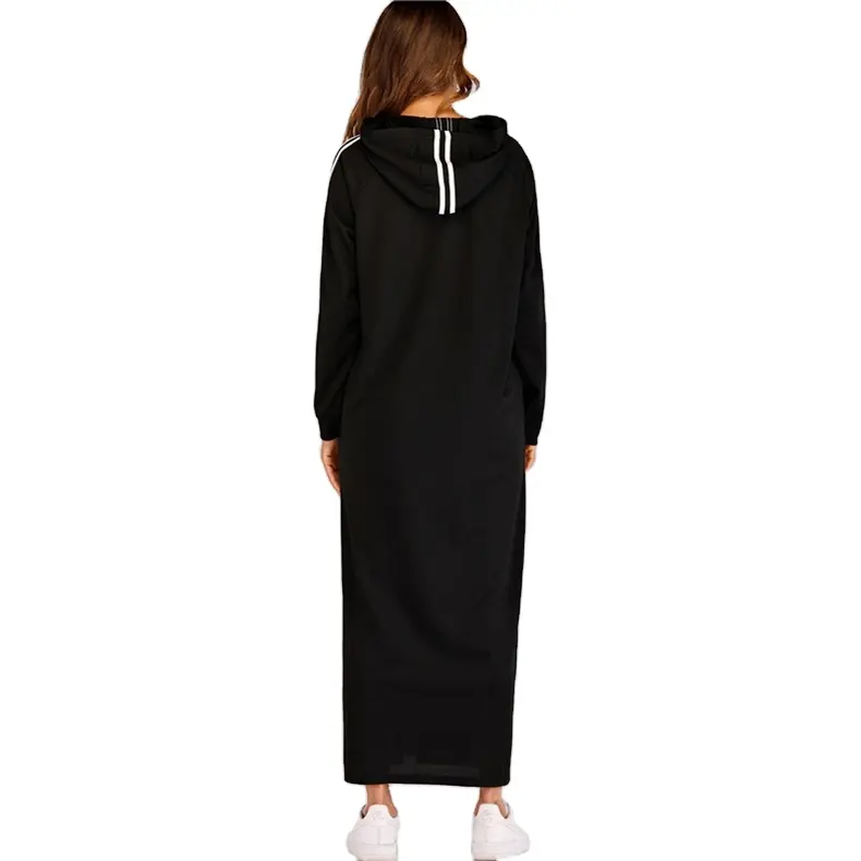 2022 Custom Black Striped Zip Up Hooded Sweatshirt Dress Women Long Sleeve Sporting Casual Straight Long Sleeve Dress