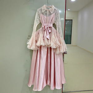 Elegante Set <span class=keywords><strong>da</strong></span> Donna 2 Pezzi: Camicetta a Maniche Lunghe con Volant in Pizzo e Abito <span class=keywords><strong>da</strong></span> <span class=keywords><strong>Sera</strong></span> a Metà Polpaccio - Product Image 3