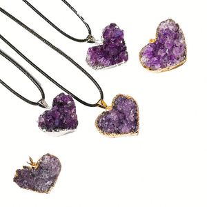 Natural Amethyst <b>Cluster</b> Pendant White <b>Crystal</b> Irregular Tooth Cave Heart-Shaped Necklace Carved Gemstone Material - Product Image 1