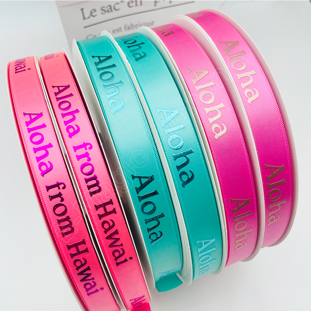 16mm 38mm Custom Ribbon Bow Color Luxury Blue Purple Gold Foil OEM logo Print Satin Ribbon for Gift Box Package