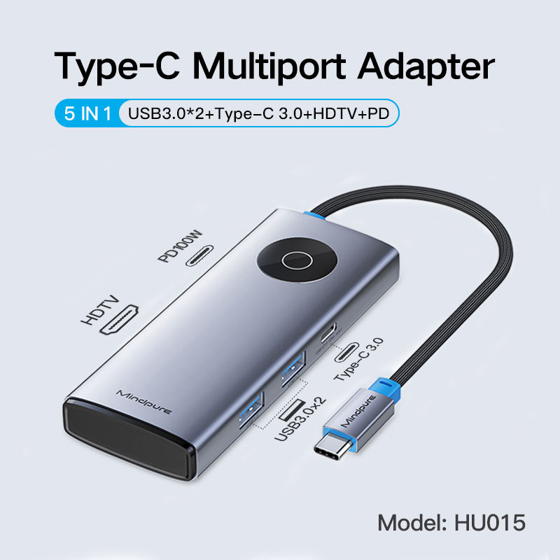 Gray-5 in 1 USB3.0*2+Type-C Data+HDTV+PD