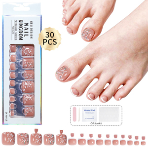 Presione en las <span class=keywords><strong>uñas</strong></span> <span class=keywords><strong>de</strong></span> <span class=keywords><strong>los</strong></span> <span class=keywords><strong>pies</strong></span> con piedras, patrón <span class=keywords><strong>de</strong></span> flores elegante corto, Color desnudo, cubierta completa brillante, <span class=keywords><strong>uñas</strong></span> postizas acrílicas encantadoras - Product Image 2