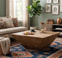 Table basse Wabi Sabi rustique en bois massif, forme pyramide inversée, plateau carré en parquet, table de salon, table à thé