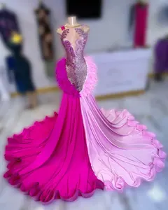Ocstrade New Women Ostrich Feather Rose Red Pink Color Block Rhinestone Diamond Ball Gown Long Prom Evening Dresses 2024 Elegant