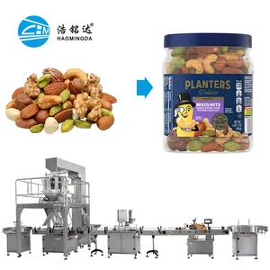 Trail Mix Macadamia Noot Amandelen Pistachenoten Noten Hazelnoot Cashewnoten Met Een Gewicht Van Het Afdekken Van De Etiketteermachine