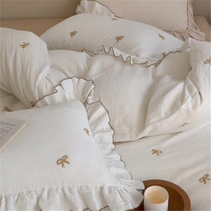 Ruffled Bow Embroidered Duvet Cover Set 100% Cotton Gauze Four-Piece <b>Bedding</b> Home Use - Product Image 3
