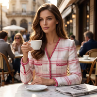 Veste en tweed pour femme - Manteau à carreaux rouges et blancs - Décoration contrastée à col en V - Vêtement d'extérieur élégant