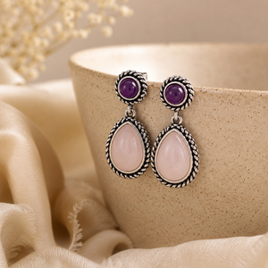 Orecchini pendenti vintage bohémien a goccia d'acqua, colore rosa viola, con bordo floreale, gioielli alla moda per donna - Product Image 6