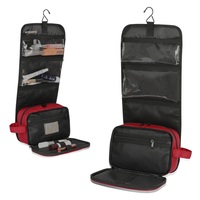 Grand sac de toilette étanche pour salle de bain, rangement pour soins de la peau, organisateur de porte-pinceau de maquillage rotatif rouge pliable avec crochet en métal