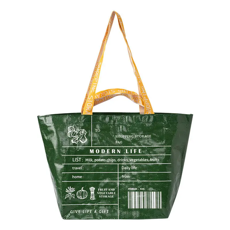 Reusable Yellow handle design boat shape square bottom Large grocery pp non woven green fashion shopping bags
