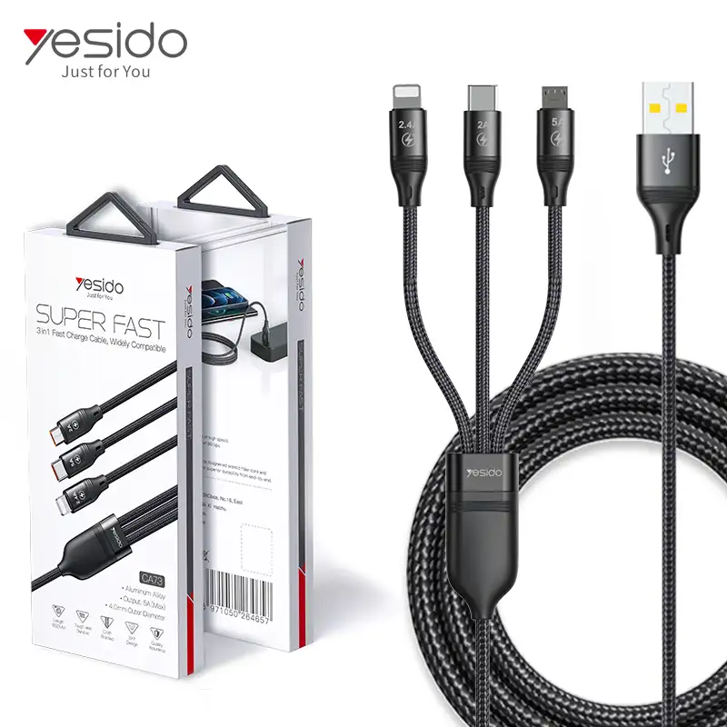 Yesido 2021 멀티 3 1 아연 합금 2.4A 5A Usb 데이터 유형 C 마이크로 66W 빠른 3 1 휴대 전화 충전 충전기 케이블 라인 코드