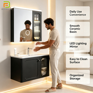 Mueble de <span class=keywords><strong>Baño</strong></span> de PVC para Montar en la Pared, con Lavabo de Cerámica Integrado, Espejo con Luz LED Antivaho, para Proyectos de Hoteles y Apartamentos - Product Image 2