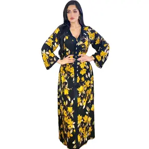 Plus Size Slim Floral Print Digital Printed Muslim Ladies Long Dressing Abaya Kaftan Dresses Women