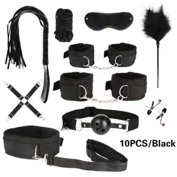 10 Pçs/Set Sex Bondage SM Pacote com as Algemas Collar Anal Plugs Mordaça Chicotes Mamilo Grampos Para Casal Jogo Divertido