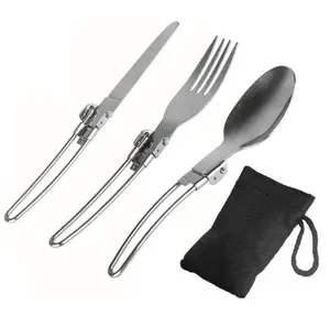 3pcs Camp Flatware Sets Foldable Locking Handle Stainless Steel Spoon Fork Knife for Traveling Picnic Hiking