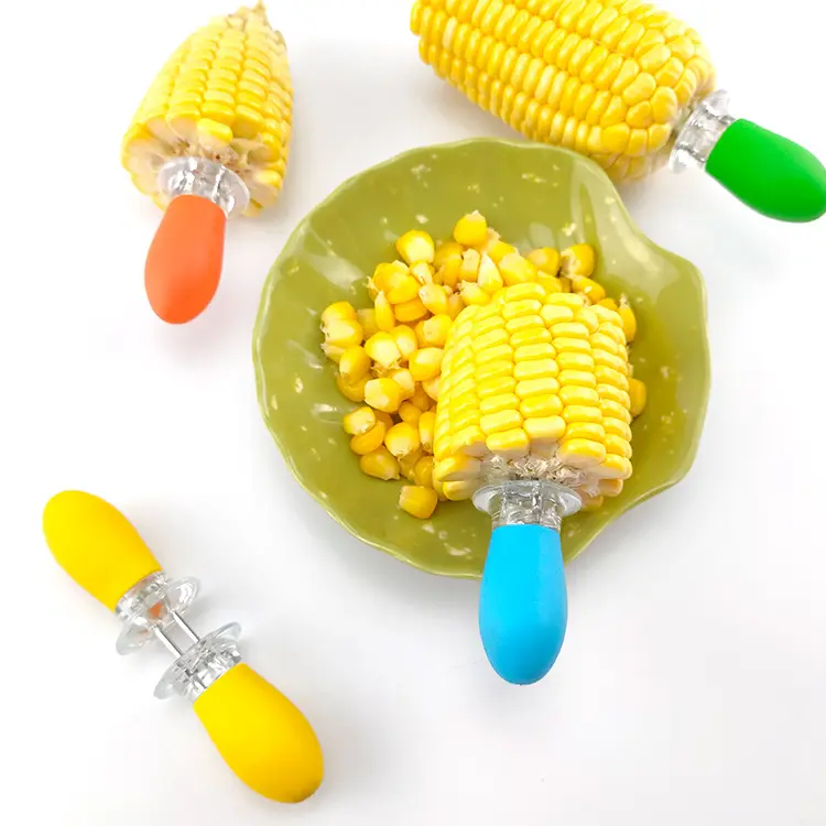 Candy Color BBQ Outdoor Metal Silicone Corn Holders Cooking Fork Stainless Steel Corn Cob Skewers