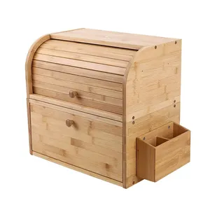 Wood Bread Storage Container Natural 2 layerBamboo Bread Box with Silverware Basket