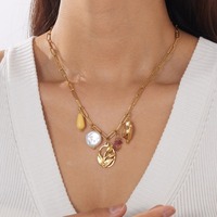 Collier populaire en pierres concassées et perles, avec plusieurs pendentifs, chaîne plate en forme de croix, plaqué or, motif floral, bijoux de luxe légers pour femmes TGXL14883