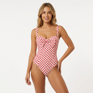 Women Pink Polka Dot One Piece Swimsuit Sweetheart Neck Front Bow Knot <b>Tummy</b> <b>Control</b> Retro Monokini Beach Bathing Suit Wholesale - Product Image 2
