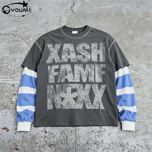 YOUMI Streetwear T-shirt Oversize Personalizzata 100% Cotone con Stampa DTG a Blocchi di Colore, Maglia a Maniche Lunghe Due Pezzi per Uomo - Product Image 1