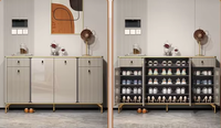 Meuble à chaussures de luxe léger avec plateau en pierre frittée, portes cannelées et banc à chaussures assorti pour l'entrée