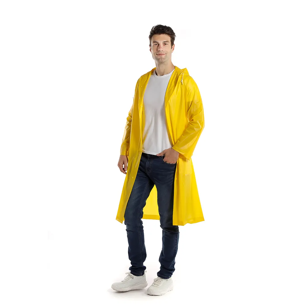 0.15MM पीवीसी पोंचो उच्च गुणवत्ता पीला निविड़ अंधकार ग्राहक लोगो मुद्रित लंबी Hooded रेनकोट