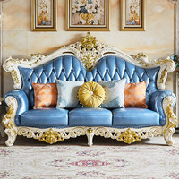 Ensemble de canapés modulaires personnalisables en cuir véritable sculpté en bois massif de style européen, pour salon rétro de villa haut de gamme de style américain