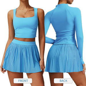 TZ8782 2-teilige Tennis kleider für Frauen Falten rock mit hoher Taille Sets mit quadratischem Hals Workout Crop Tank Tops Golf Gym Rock - Product Image 1