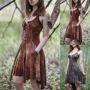 2024 vestido Vintage Medieval de gran tamaño, disfraz estampado ajustado para mujeres adultas, busto con cordones, dobladillo Irregular, vestido Midi Sexy con tirantes