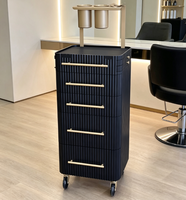 Chariot de Salon de Luxe à 5 Tiroirs avec Support Doré pour Sèche-Cheveux et Plateau Latéral Extensible, Rangement Mobile à Roulettes pour Outils de Salon de Coiffure
