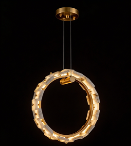 Lustre LED rond en albâtre personnalisé, petit modèle, design contemporain en laiton, pour villa, salon, restaurant, décoration - Product Image 4