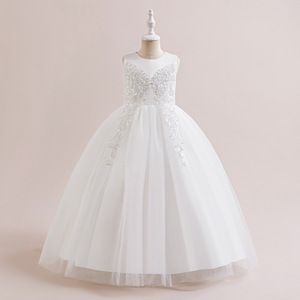 Vestido de anfitrión de flores de princesa de satén blanco para vestido de noche de <span class=keywords><strong>pasarela</strong></span> de actuación de piano de comunión-para niña pequeña de verano de 8 a 12 años - Product Image 6