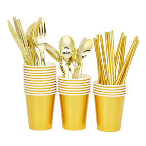 Golden Disposable Party Tableware Set Round Paper Plate Paper Cup Knife Fork Spoon Tableware Set - Product Image 2