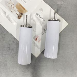 20Oz <b>Double</b> <b>Wall</b> Straight Tumblers With Screw on Lid and Stainless Steel Straw for White Sublimation Transfer - Product Image 2