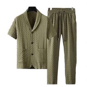 Ensemble deux pièces d'été pour homme, chemise et pantalon décontractés personnalisés, manches courtes, couleur unie, séchage rapide, tricoté 100% polyester, boutonné - Product Image 2