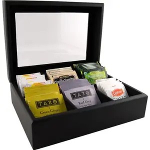 Caixa de chá quadrada de bambu para saquinhos de chá, organizador de madeira com compartimentos ajustáveis, tampa articulada transparente