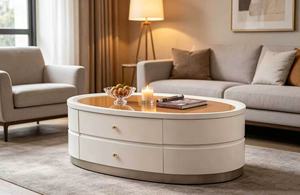 Modern <b>White</b> Oval <b>Coffee</b> <b>Table</b> with Glass Top & Drawers Luxury Living Room Storage <b>Coffee</b> <b>Table</b> - Product Image 4