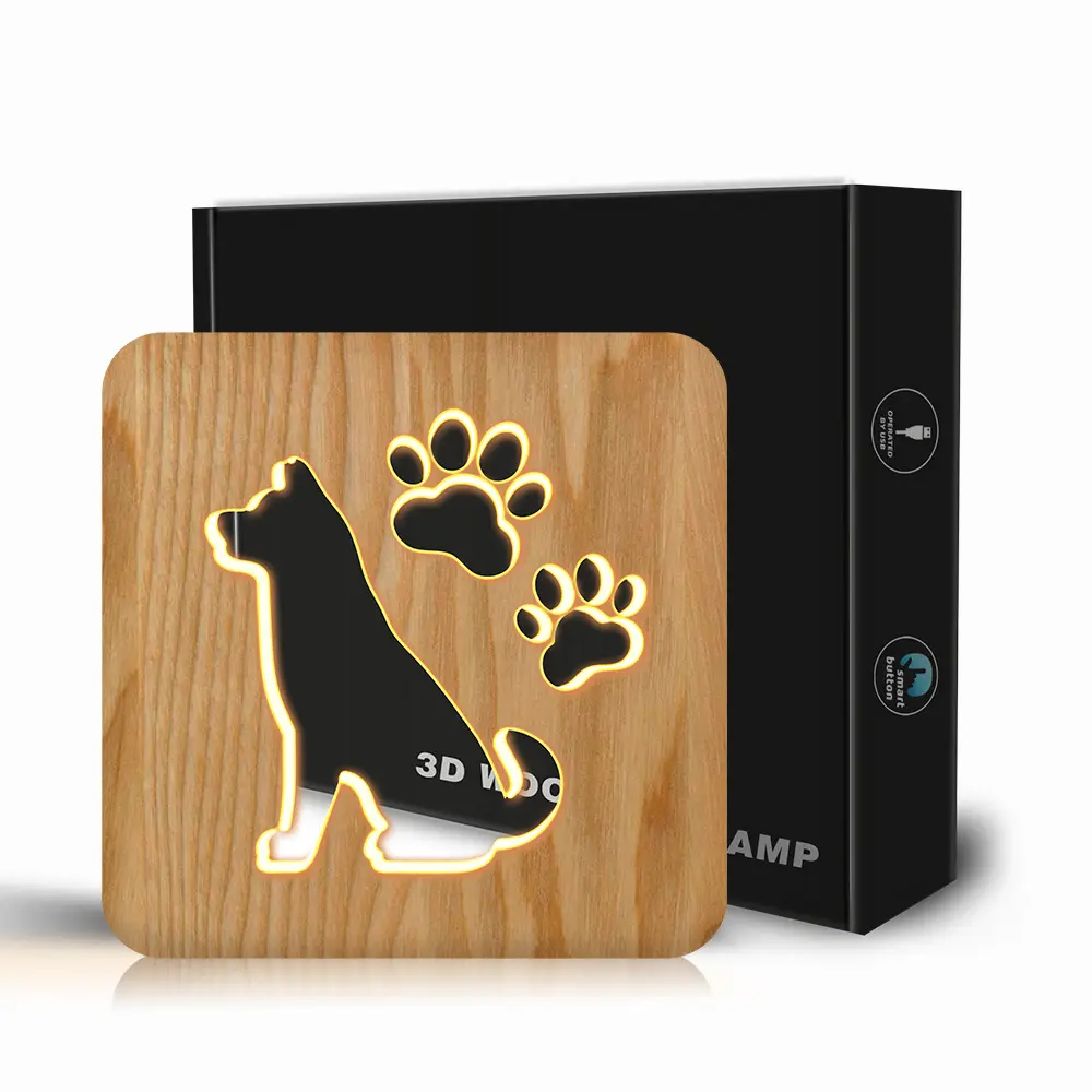 Chevet personnalisé anime table en bois chien chat patte nuit bureau led lampe lumière base cube personnalisé bois chambre cadeaux artisanat