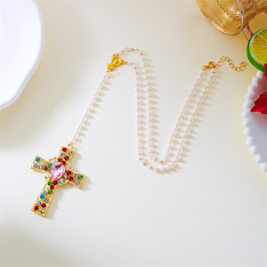 Kalung Liontin Salib Berhiaskan Zirkon Warna-warni Berlapis Emas Panjang Mewah Ringan Modis untuk Wanita, Hadiah Ulang Tahun - Product Image 6