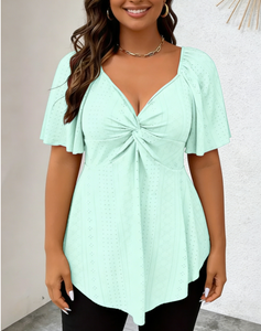 Joyinspring Blusa/Camisa de Fibra de Leche 3D de Manga Corta con Cuello en V y Nudo, Estilo Casual, Tallas Grandes para Mujer, Primavera, Verano, Otoño - Product Image 5