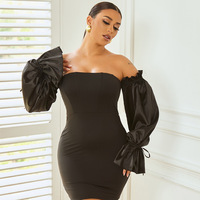 Robe moulante courte pour femme, épaules dénudées, en satin, manches bouffantes, sans bretelles, style corset, pour cocktail, soirée ou mariage