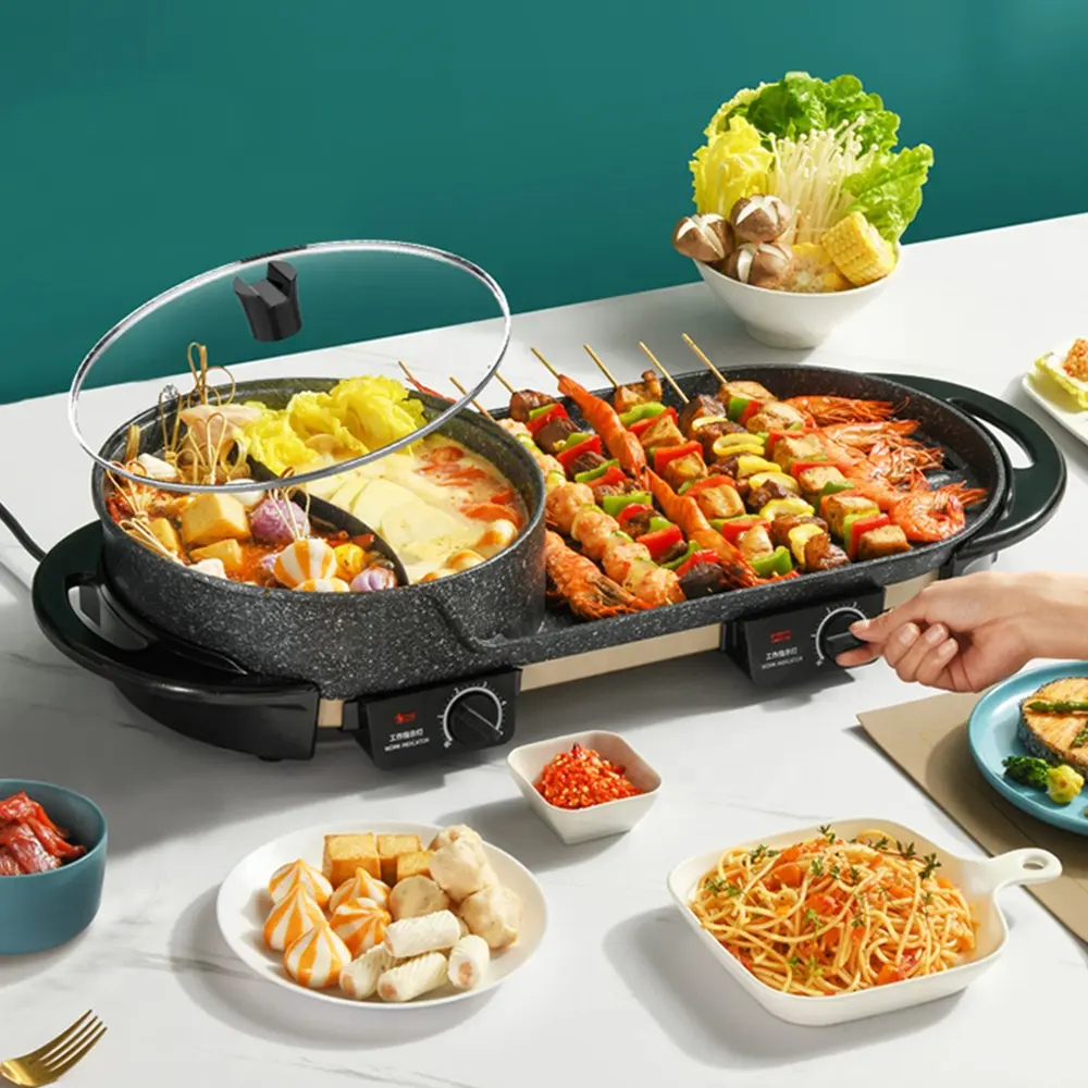 Healthy Smokeless Nonstick Indoor Electric Bbq Grill with Hot Pot