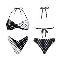 Bikinis de mujer de cintura alta sin costuras con diseño de lunares retorcidos y bloques de color, personalizados y reciclados por el fabricante, con corte cheeky en V.
