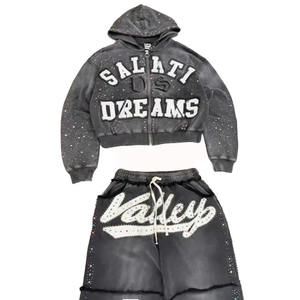 هودي مطرز بالأحجار الكريمة مخصص للرجال، هودي ثقيل الوزن بأسلوب الهيب هوب، بنطلون هودي مقصوص بسحاب وتأثير مغسول - Product Image 1