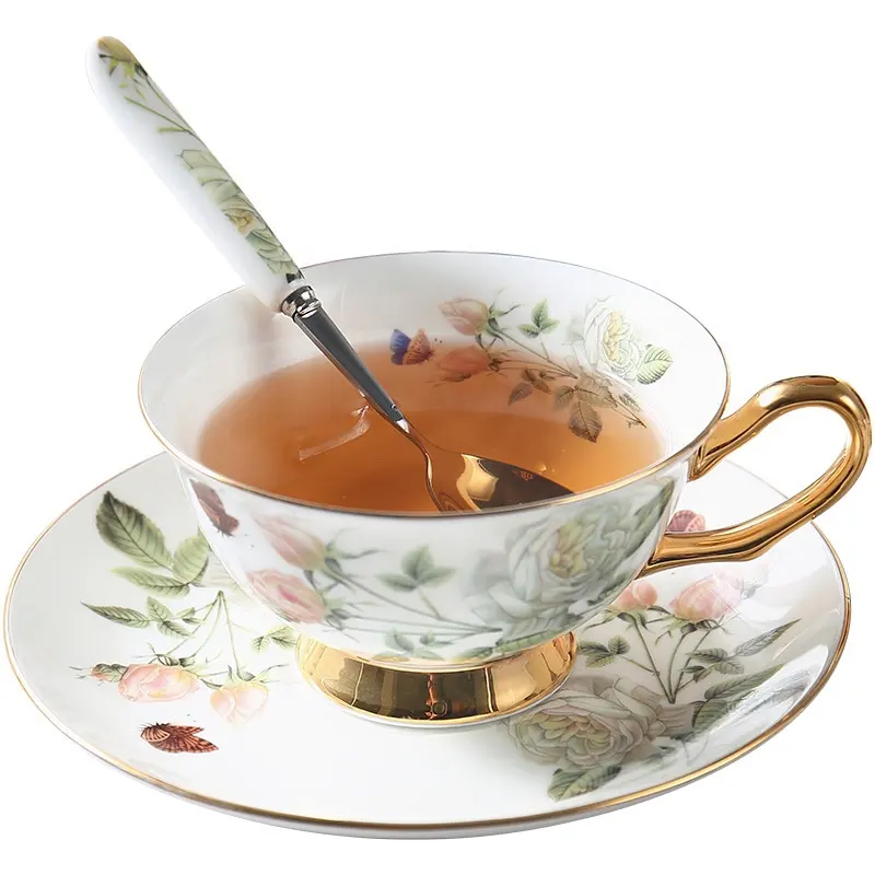 Europese Elegent Bone China Custom Koffie Kop En Schotel Set Voor Afternoon Tea Koffie Met Gouden Rand