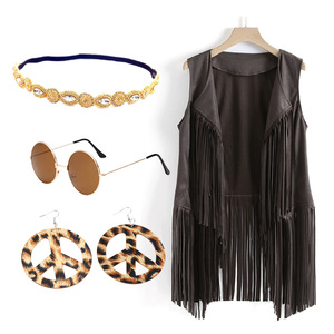 Nouvel ensemble hippie années <span class=keywords><strong>60</strong></span>-70 : Gilet, Bandeau, Lunettes de soleil, Collier, Boucles d'oreilles, Cardigan à franges – Idéal pour Halloween, Soirées dansantes, Disco, Cosplay - Product Image 3