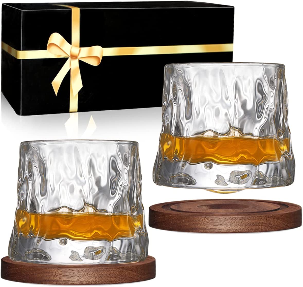 Creative Walnut Coasters Whiskey Glasses Rotatable Tumbler Crystal Glass Cups Drinking Glasses