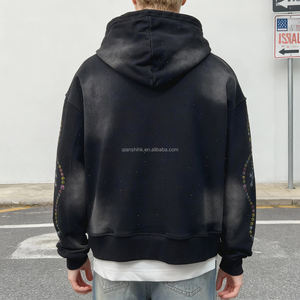 Streetwear Imprimé Sweats à Capuche Surdimensionnés Hommes Personnalisé Sun Faded Vintage Acid Wash Hoodie Distressed Rhinestone Hoodie Fabricants - Product Image 3