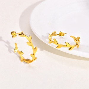 Fashion <b>Fine</b> Female Stainless Steel Jewelry 18k Gold Plated Leaf c Shape <b>Stud</b> <b>Earrings</b> - Product Image 2
