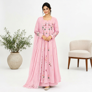 Traje Anarkali Rosa Bordado para Mujer - Estilo Tradicional Indio/Pakistaní, Largo hasta el Suelo, Corte Holgado, Secado Rápido, Ropa Casual - Product Image 1
